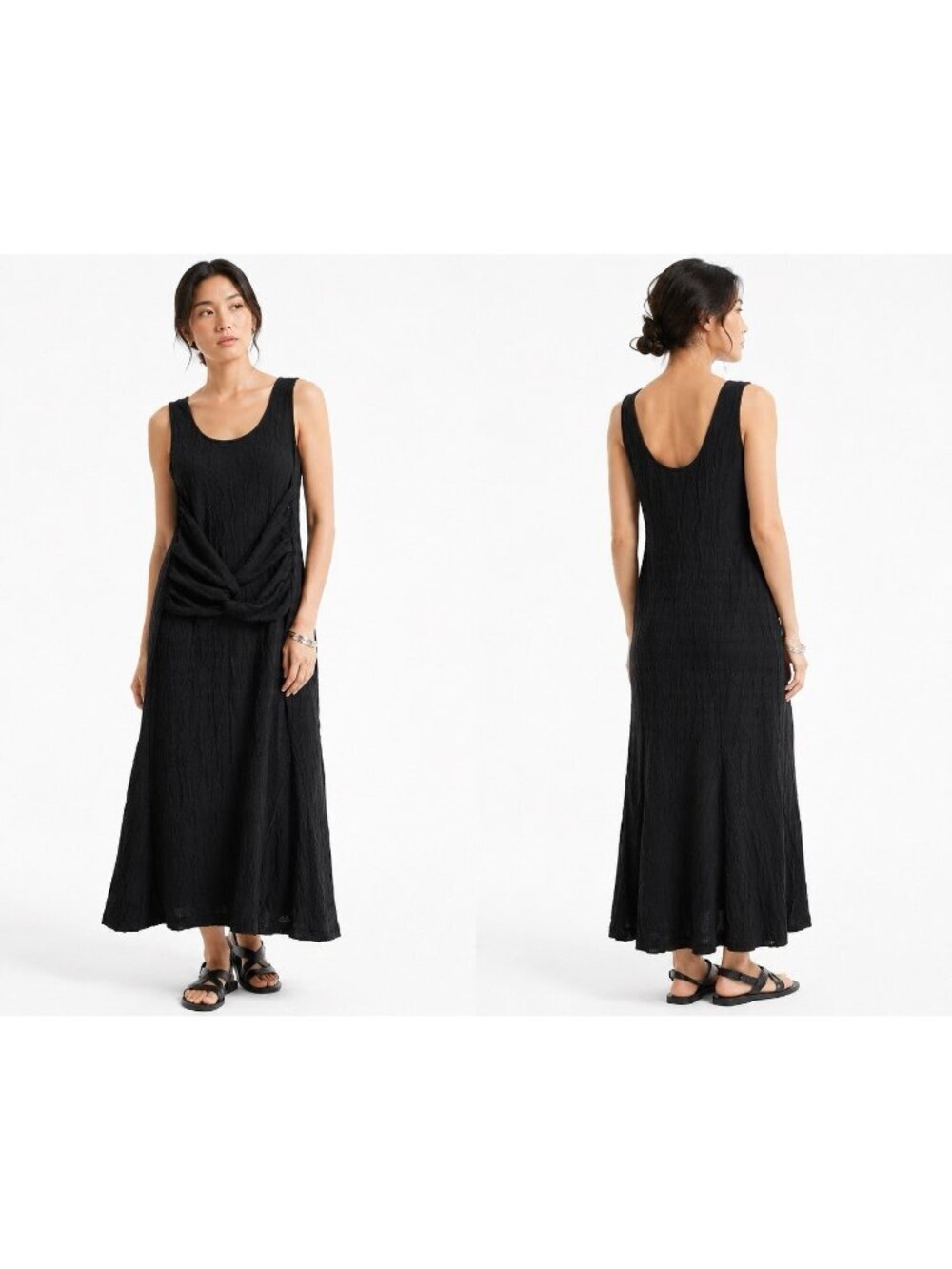 LAGENLOOK MAXI TANK DRESS black LARGE boho luxe minimalist sculptural crinkle